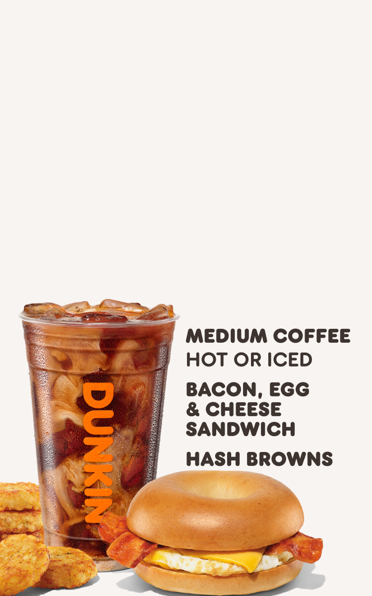 medium coffee hot or iced + sausage, egg & cheese sandwich + hash  browns