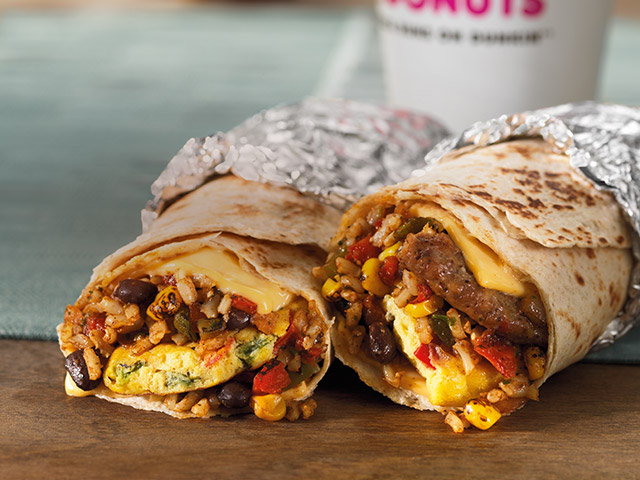 Dunkin’ Donuts veggie and sausage GranDDe Burritos.