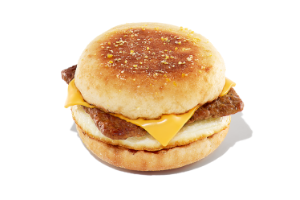 A turkey sausage, egg, & cheese on an English muffin