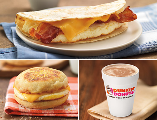 Two Dunkin’ Donuts iced teas. A Dunkin’ Donuts Egg & Cheese Wake-up Wrap. A Dunkin’ Donuts Sausage Egg & Cheese.